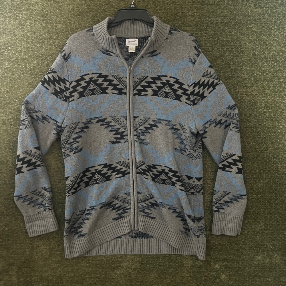 Wrangler Full Zip Sweater Womens XL Gray Blue Southwestern Geometric Cotton